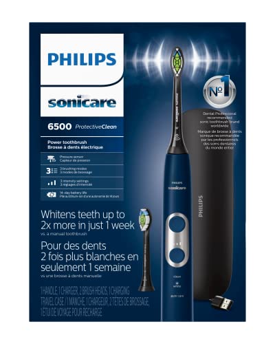 Philips Sonicare ProtectiveClean 6500 Rechargeable Electric Toothbrush, with Pressure Sensor, 3 Cleaning Modes, SmarTimer and QuadPacer, 14-Day Battery Life, Charging Travel Case, Navy Blue, HX6462/07