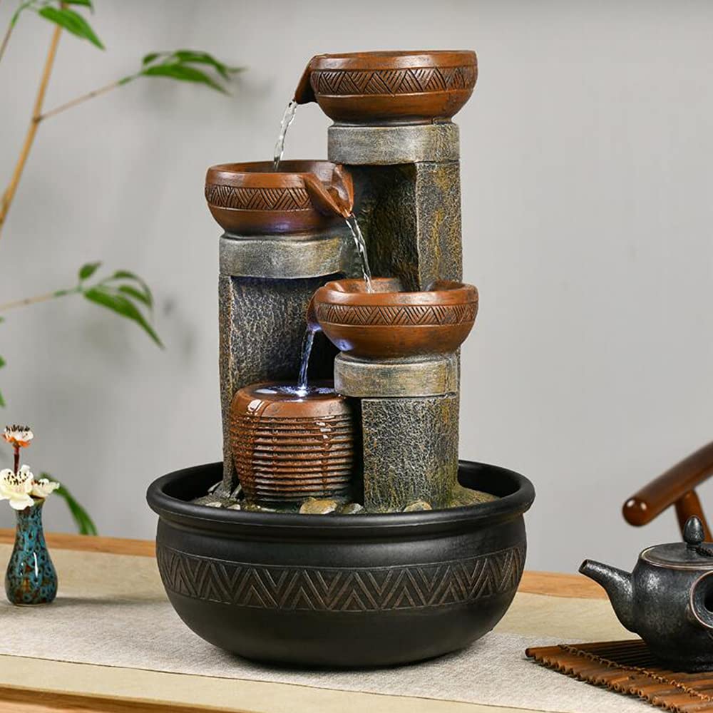 Handunmi 15.7" H 4-Tier Indoor Tabletop Waterfall Fountain with LED Lights Desktop Fountains Calming Sound for Home Office Decor (15.7ihch)