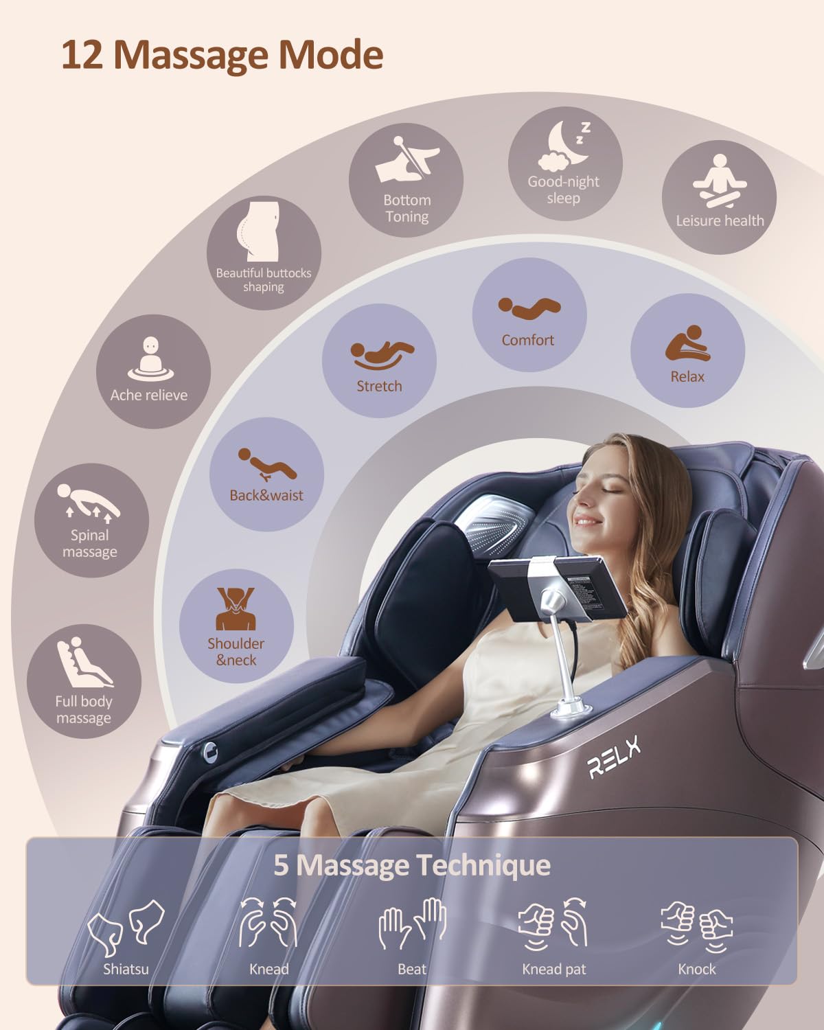 RELX Massage Chair Full Body Zero Gravity SL-Track Shiatsu Massage Chair, 12 Modes, Airbag Massage, with Yoga Stretch, Foot Massage, AI Control (Brown)