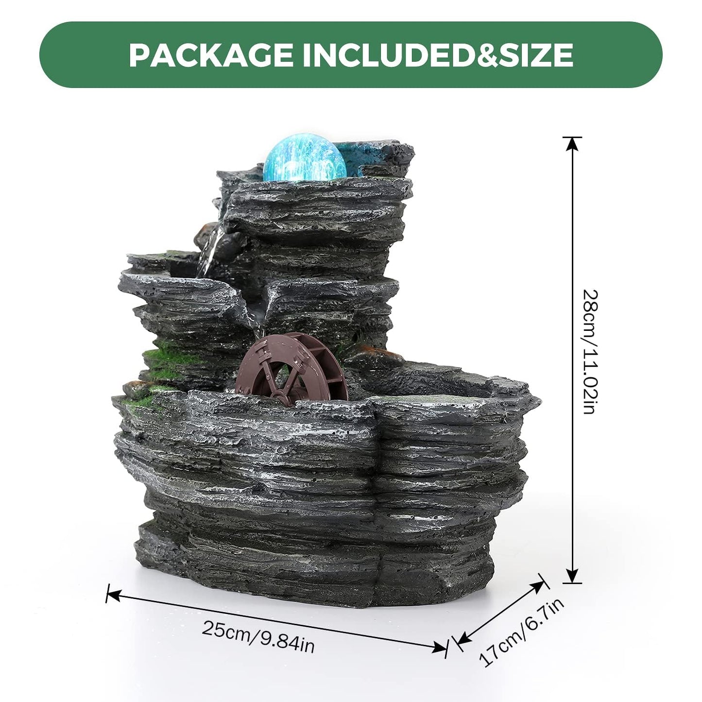 POWLAB Tabletop Water Fountain,Environmental Resin Meditation Fountain,Desktop Fountain with Waterwheel,Indoor Waterfall Feature with Crystal Ball and Light for Home Office Decor Relaxation 10X7X11in