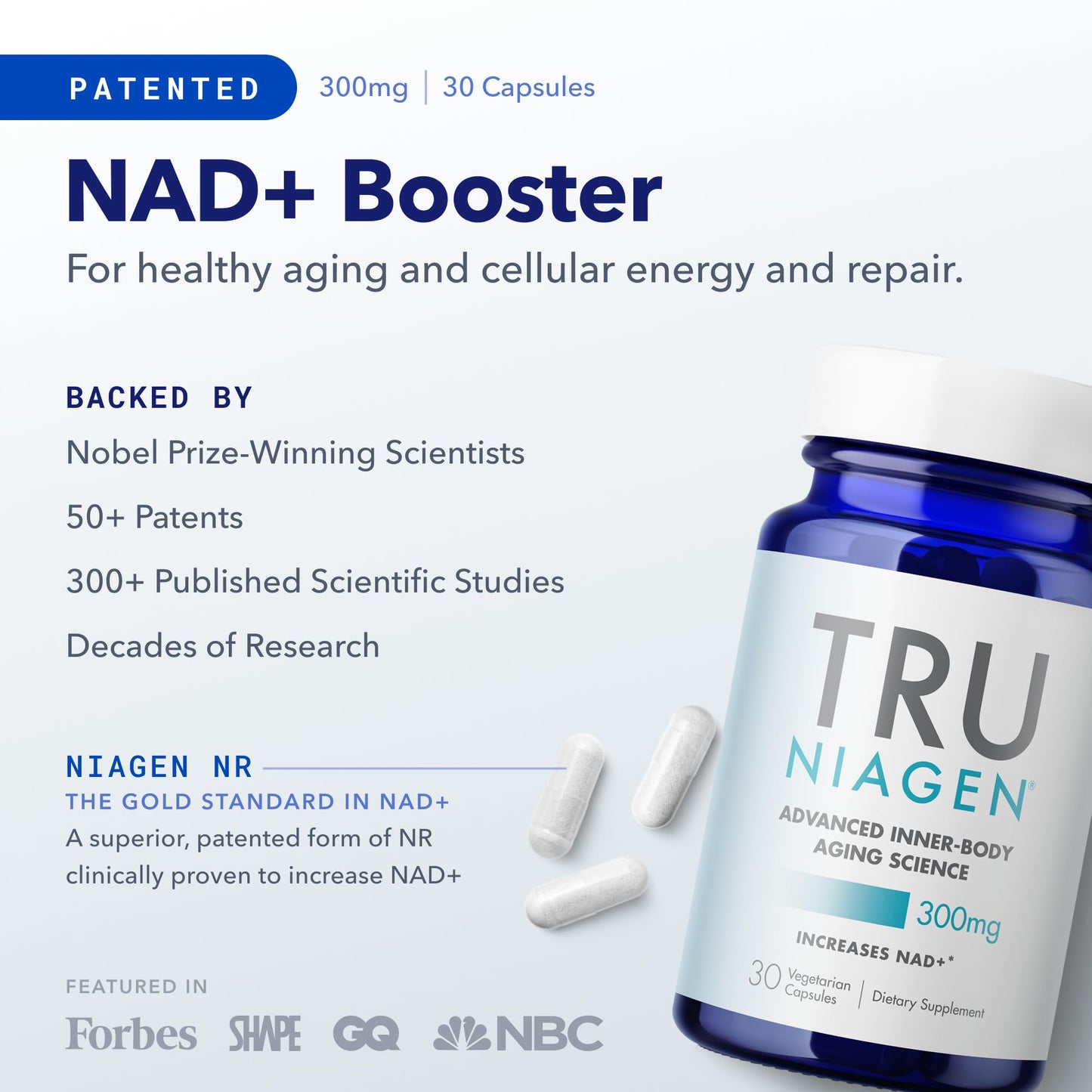 TRU NIAGEN Patented NAD+ Supplement for Anti Aging and Cell Regeneration, 300 mg Niagen, 30 Servings | Supports Cellular Energy, Brain, Muscle | Nicotinamide Riboside (NR) Take 1 Daily | 3 Bottles