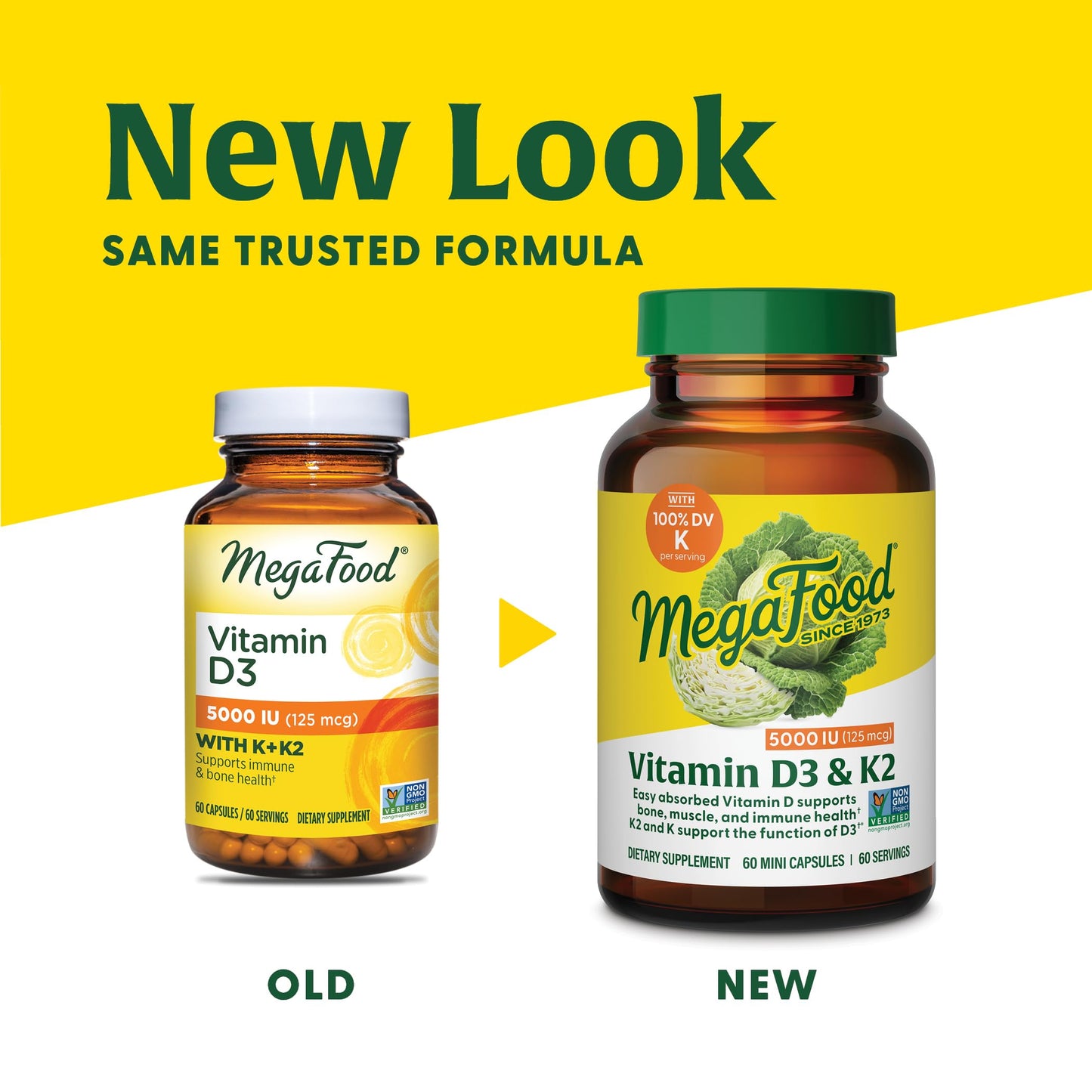 MegaFood Vitamin D3 5000 IU (125 mcg) - Vegetarian Vitamin D Supplements with Vitamin D3 K2, Supports Bones, Teeth, Muscles & Immune Health, Certified Non-GMO - 120 Mini Capsules, 120 Servings