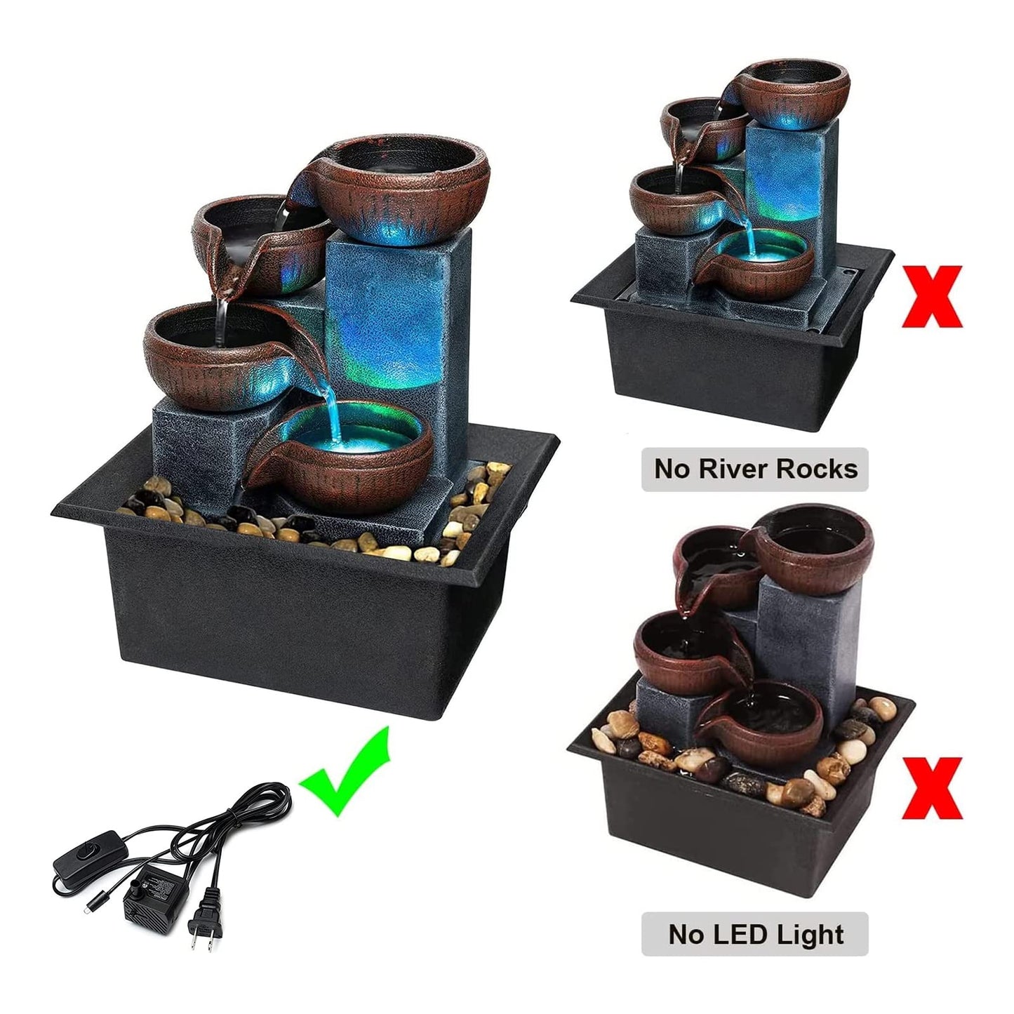 Small Indoor Relaxation Tabletop Fountain and Waterfall, Zen Meditation Waterfall Feature with Color LED Light & Natural River Rocks, Waterfall Decor for Home Office Bedroom Living Room (Style 1)