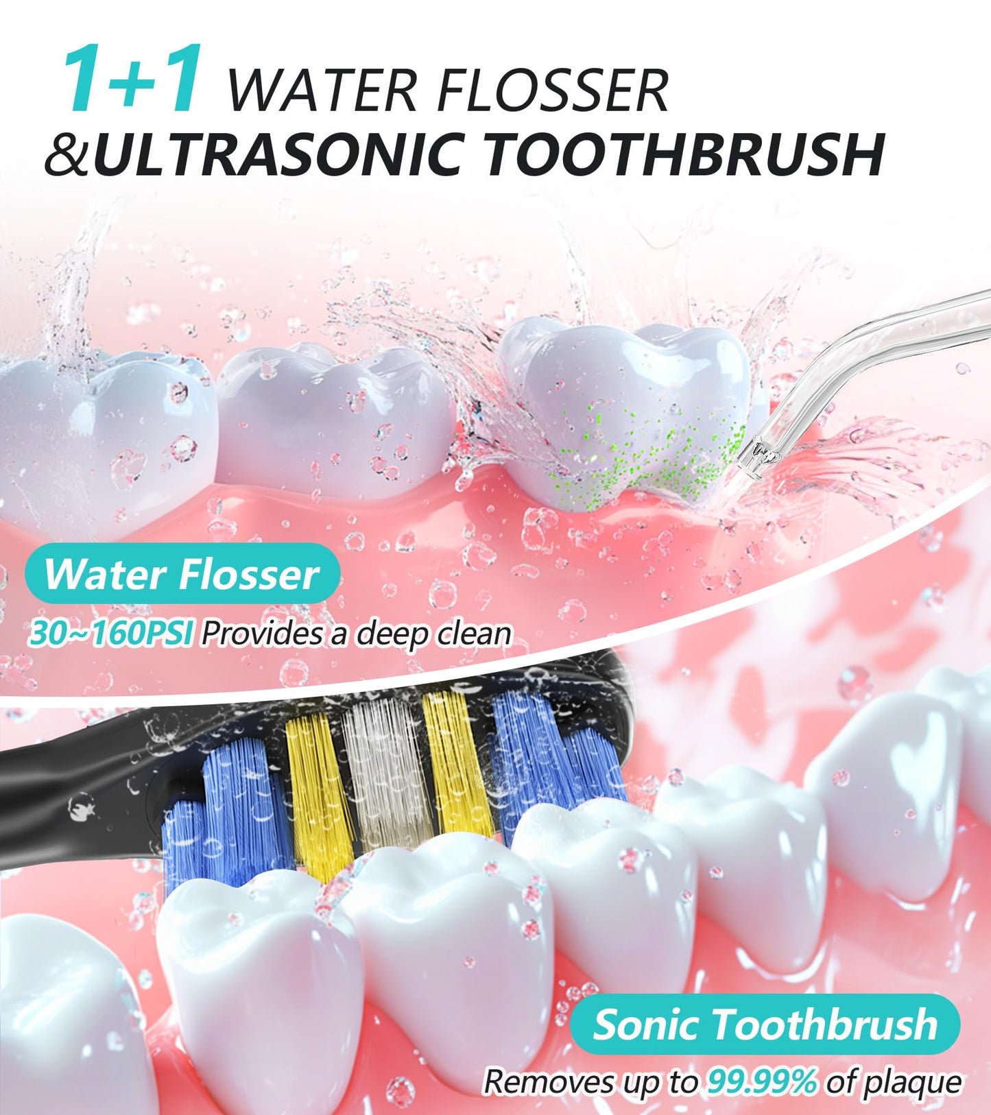 Professional Water Flosser & Electric Toothbrush Combo, 600ML Home Use Oral Irrigator for 10 Adjustable Water Pressure, 2 Cleaning Modes, 1+1 Brushing & Flossing for Complete Oral Care (Black)