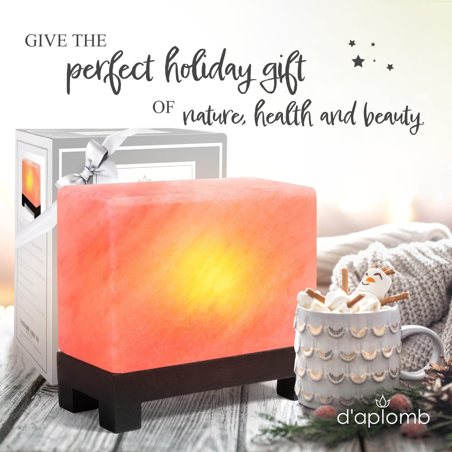 d'aplomb 100% Authentic Natural Himalayan Salt Lamp; Hand-Carved Modern Rectangle Rare Pink Crystal Rock Salt from The Himalayan Mountain; Footed Wood Base, Dimmer Cord + Extra Bulb; 11.5 lbs