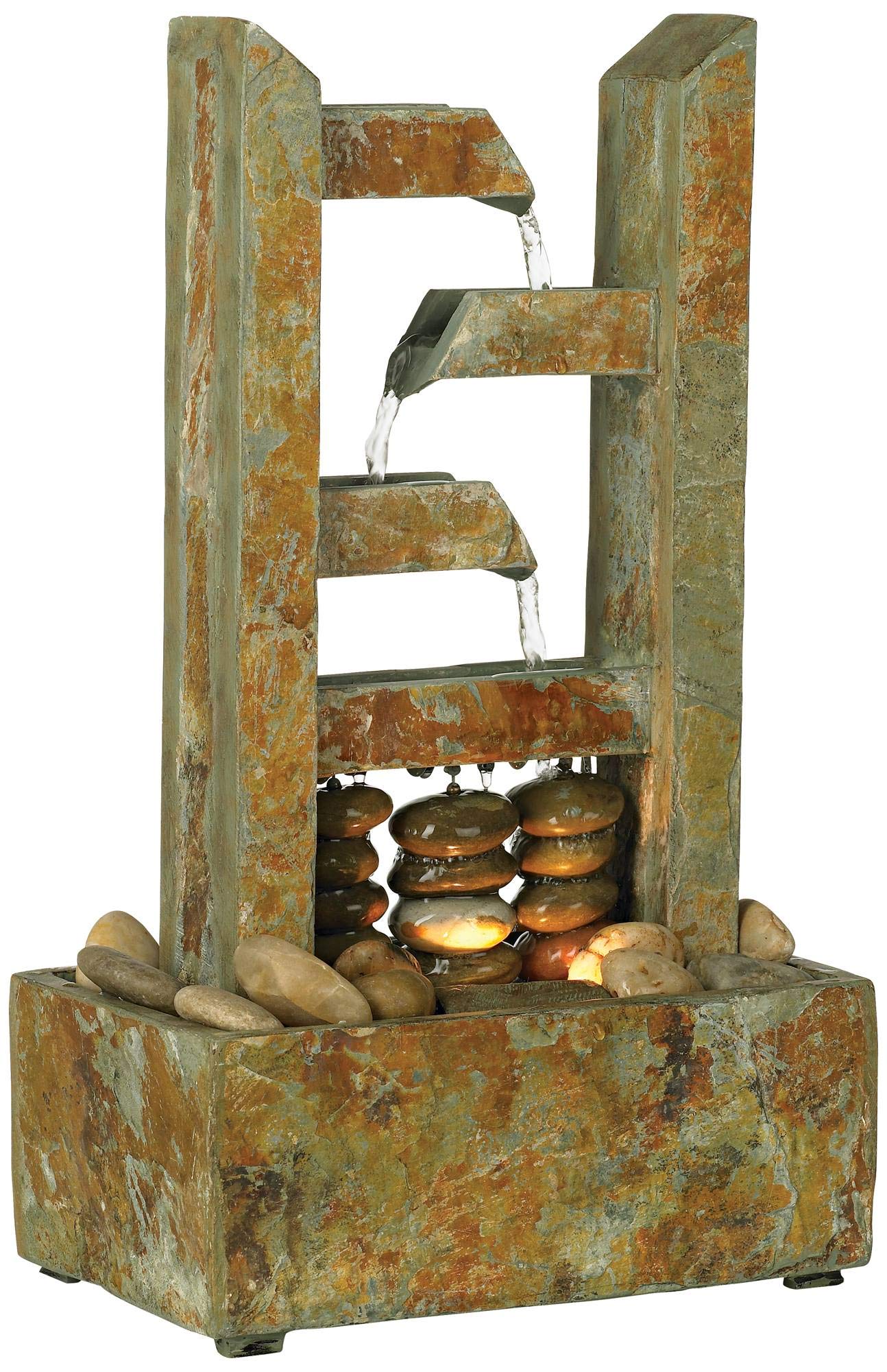 Zigzag Modern Zen Cascading Indoor Tabletop Water Fountain with Light Natural Slate Stone River Rock 17 1/4" for Table Desk-Top Home Office Bedroom House Living Room - John Timberland