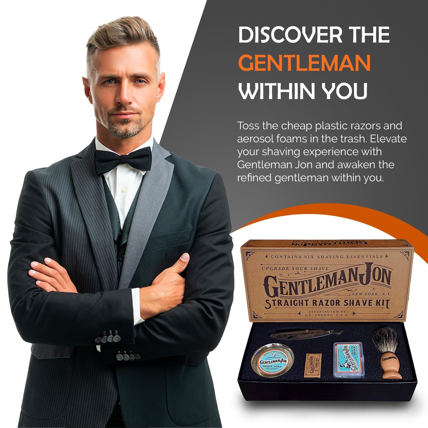 Gentleman Jon Straight Razor Shaving Kit | Vintage Wet Shave Grooming Set for Men - Includes: Straight Edge Razor, Hair Shaving Brush, Alum Block, Shave Soap, Bowl & Double Edge Razor Blades