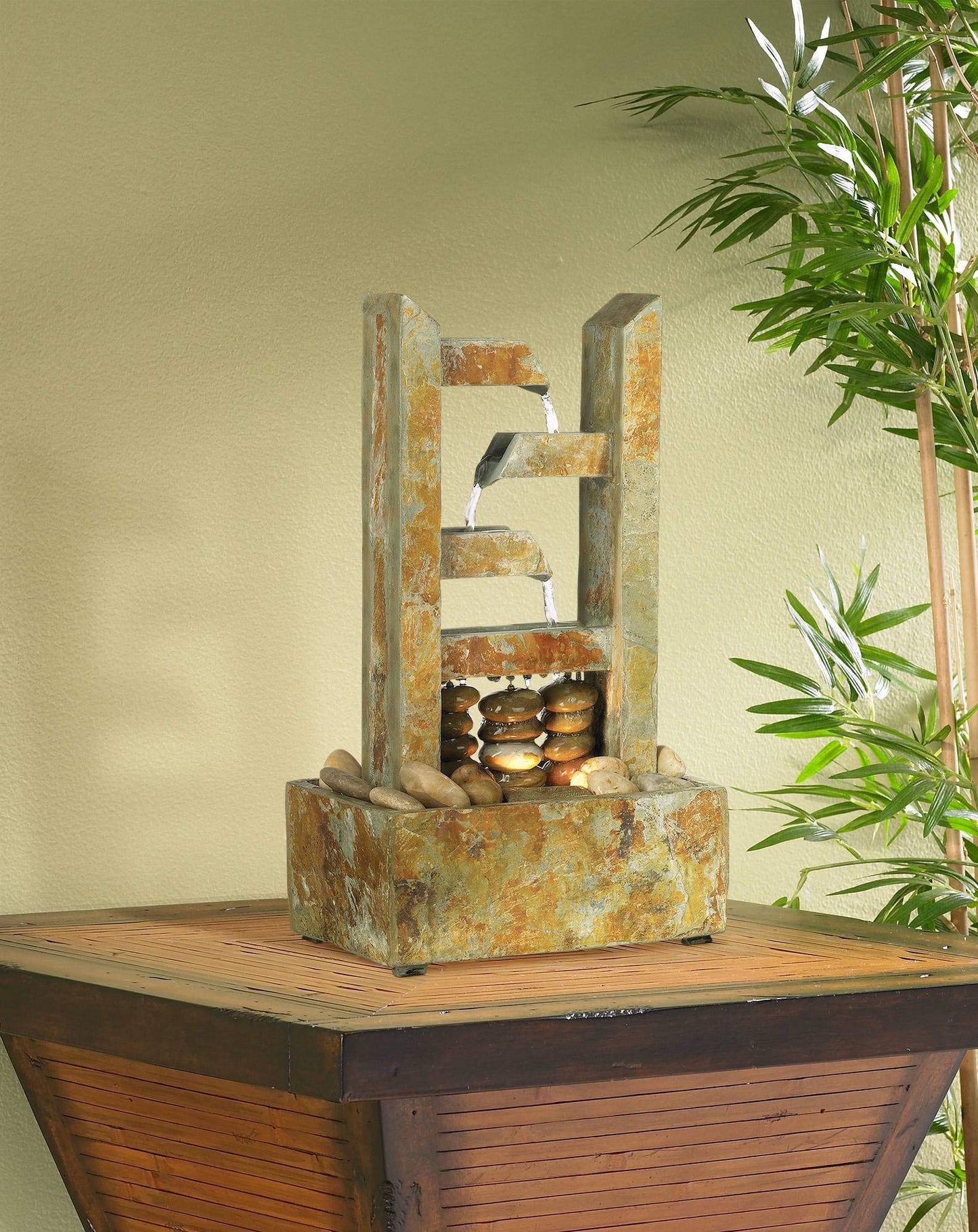 Zigzag Modern Zen Cascading Indoor Tabletop Water Fountain with Light Natural Slate Stone River Rock 17 1/4" for Table Desk-Top Home Office Bedroom House Living Room - John Timberland
