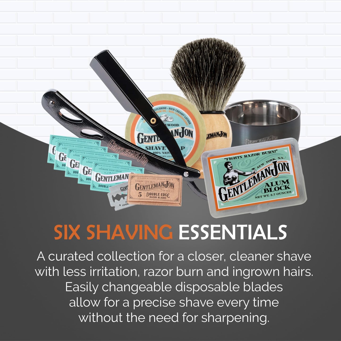 Gentleman Jon Straight Razor Shaving Kit | Vintage Wet Shave Grooming Set for Men - Includes: Straight Edge Razor, Hair Shaving Brush, Alum Block, Shave Soap, Bowl & Double Edge Razor Blades