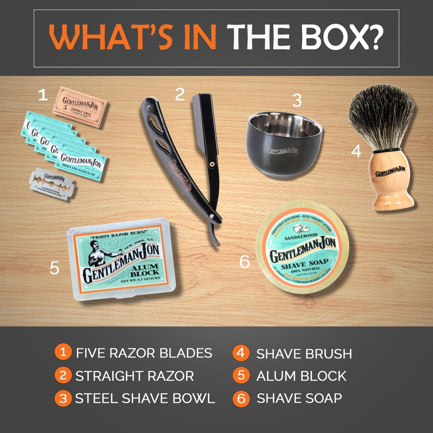 Gentleman Jon Straight Razor Shaving Kit | Vintage Wet Shave Grooming Set for Men - Includes: Straight Edge Razor, Hair Shaving Brush, Alum Block, Shave Soap, Bowl & Double Edge Razor Blades