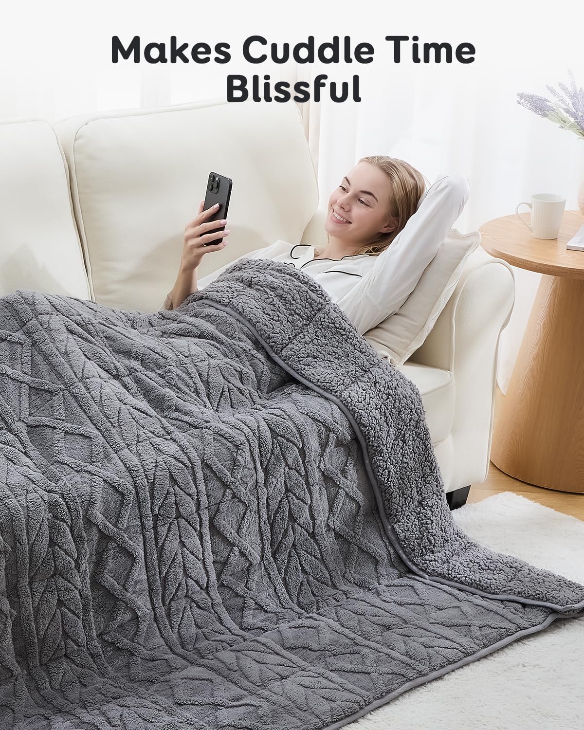 Sivio Weighted Blanket Queen Size 15 lbs for Adults, Sherpa Fleece Weighted Blanket Jacquard Heavy Blanket for Sleeping, Reversible Super Soft Warm Cozy Fluffy Blanket for Adult, 60 x 80inches, Grey