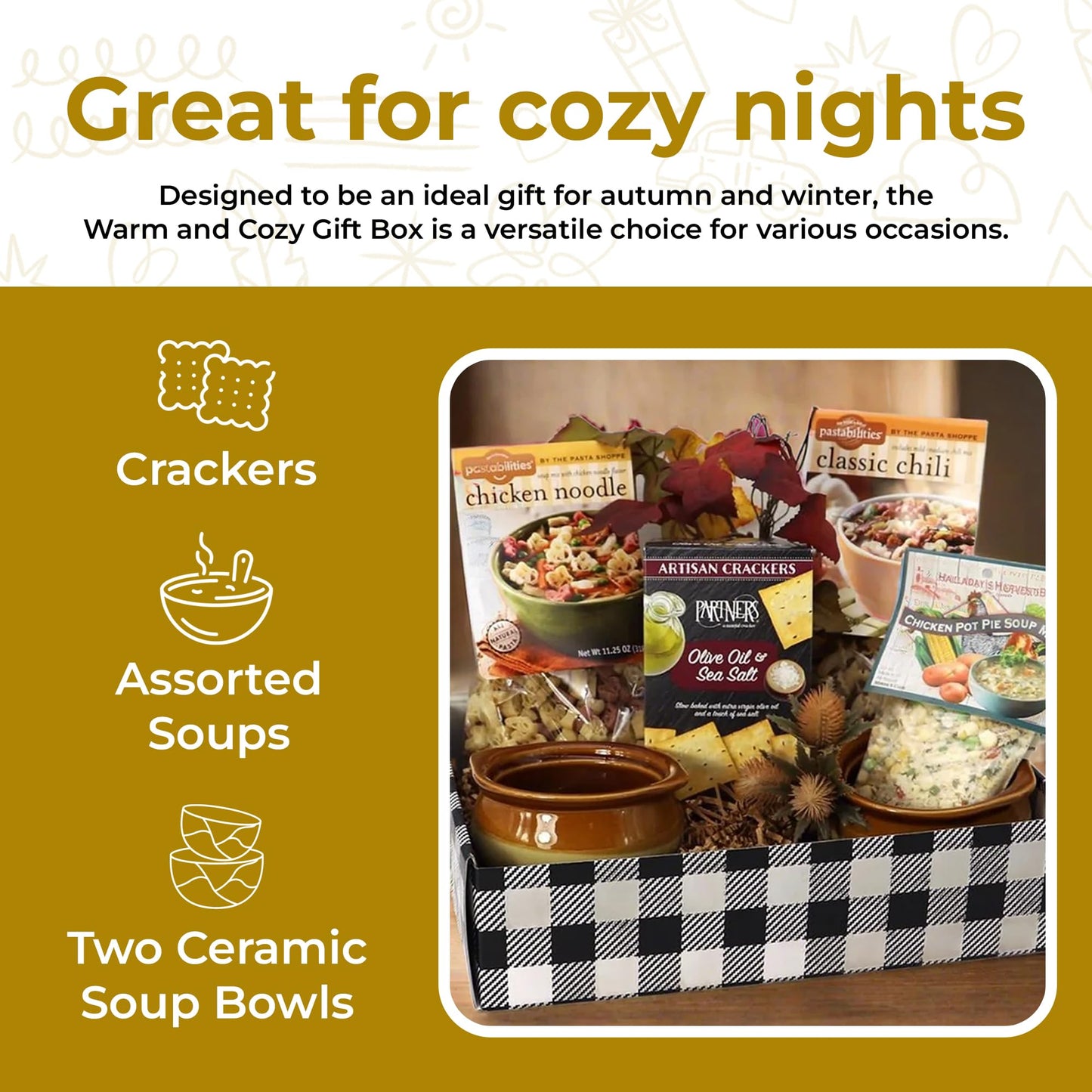Gift Basket Village Warm and Cozy Gift Box - Includes Crackers, Soup Bowls and Savory Soups - Get Well Soon Gifts for Women and Men - Comfort Food Gift Box for Cold Weather, Winter, Autumn & More