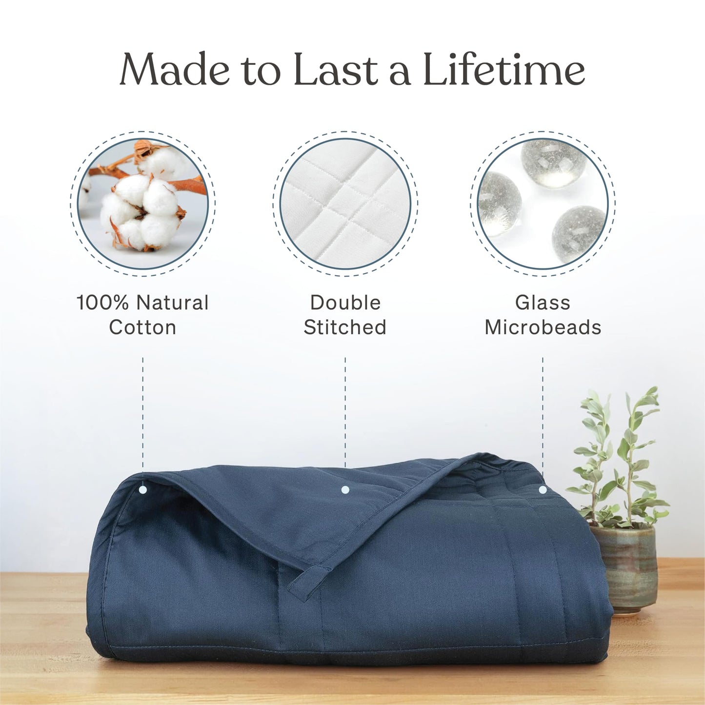 Baloo Weighted Blanket for Adults 12 lb Throw (Navy Blue, 42"x72") | Cooling & 100% Cotton | Machine Washable & Dryer Safe | Glass Microbead Fill