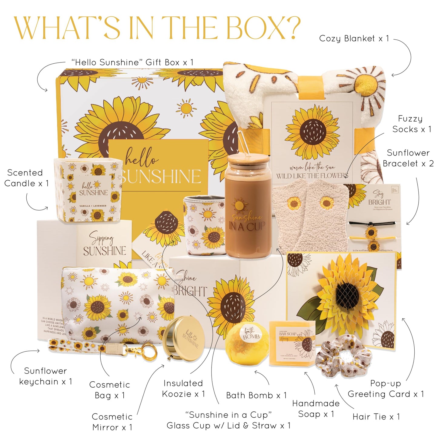 The Love Crate Co Sunflower Gifts for Women, 15pc Christmas Gift Box for Women. Get Well Soon Gift Baskets for Women, You Are My Sunshine Gifts, Care Package For Women Thinking of You, Wellness Gifts.
