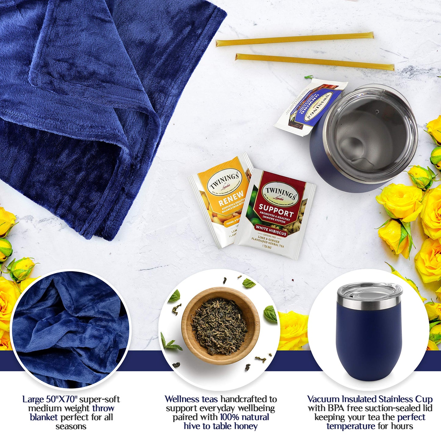 Get Well Gifts - Care Package Includes Luxury Blanket Wellness Tea with Honey Insulated Mug Word Find Book and Pen Get Well Soon Gifts for Women Get Well Gifts for Men in Beautiful Gift Bag(Blue Pen)