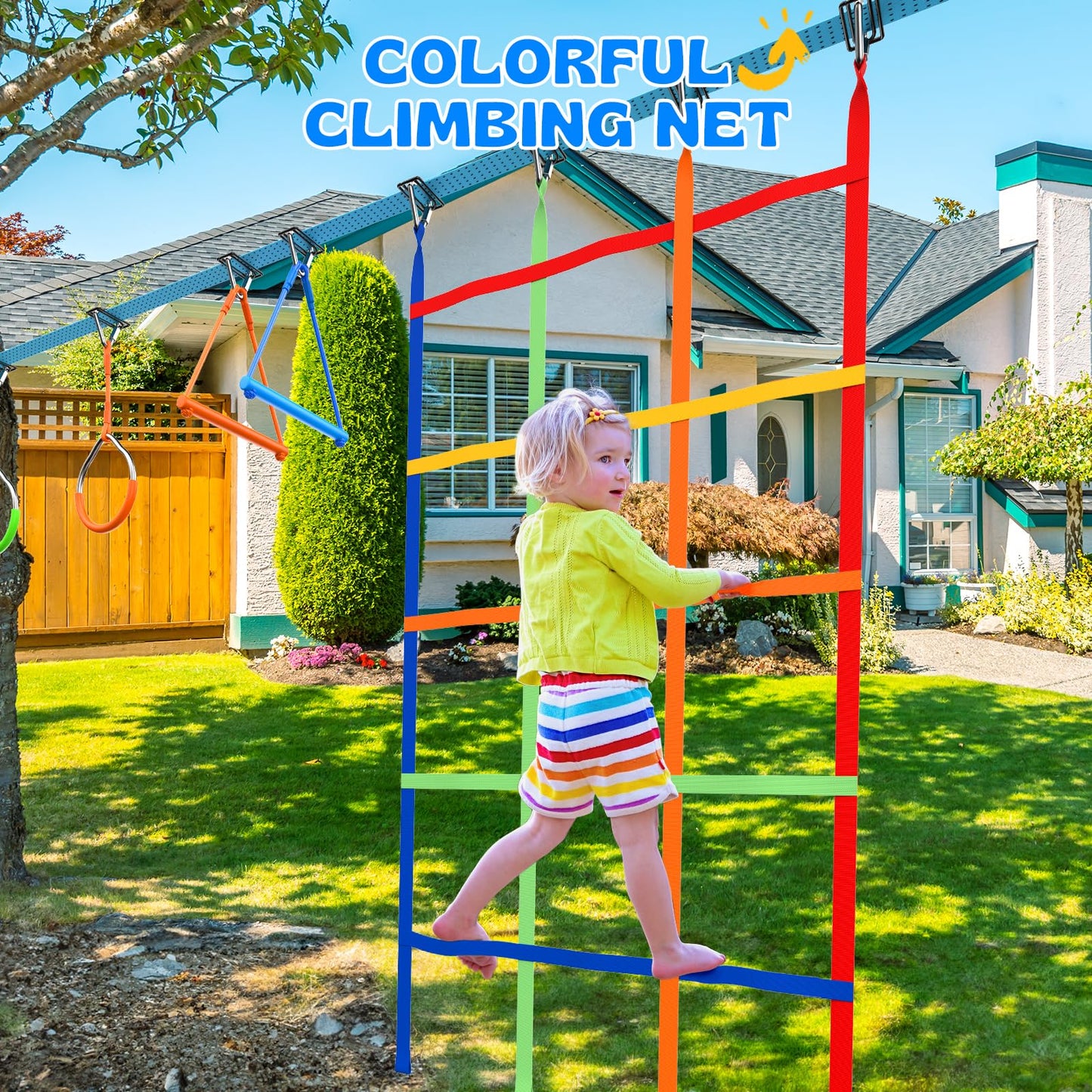 Hapfan 50 FT Ninja Warrior Obstacle Course for Kids with Swing, Weather-Proof Ninja Rope Course for Kids Outside with 10 Accessorries, Outdoor Playset Backyard with Monkey Bars