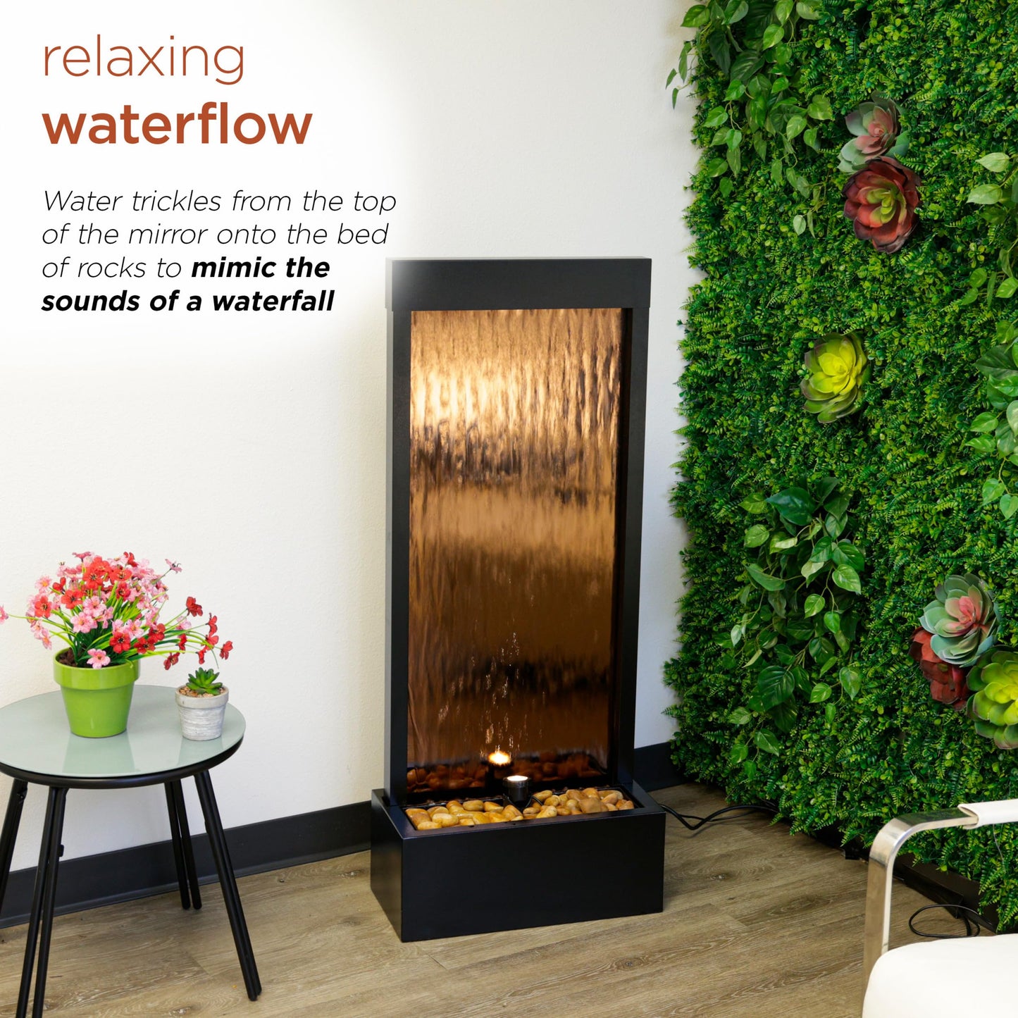 Alpine Corporation 48" Tall Indoor/Outdoor Mirror Zen Waterfall Fountain with Stones and Lights, Bronze