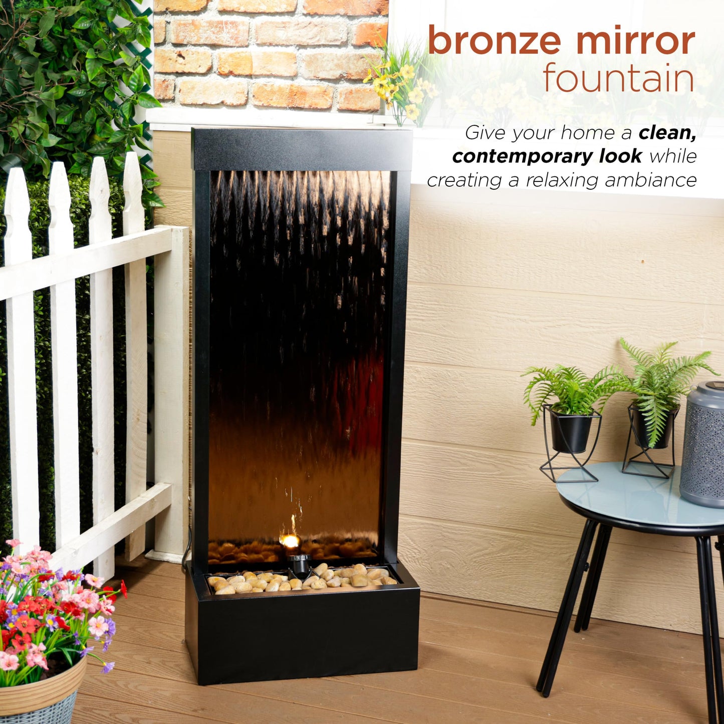 Alpine Corporation 48" Tall Indoor/Outdoor Mirror Zen Waterfall Fountain with Stones and Lights, Bronze