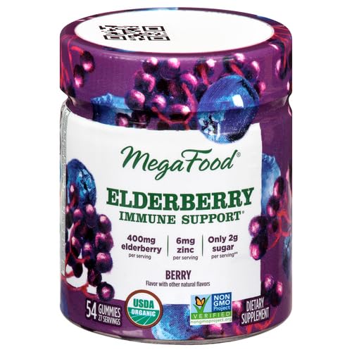 MegaFood Elderberry Immune Support Supplement - Vegan Elderberry Gummies for Adults - Made with Zinc and Real Food - Pectin-Based, Gluten-Free, USDA Organic - 54 Gummies, 27 Servings