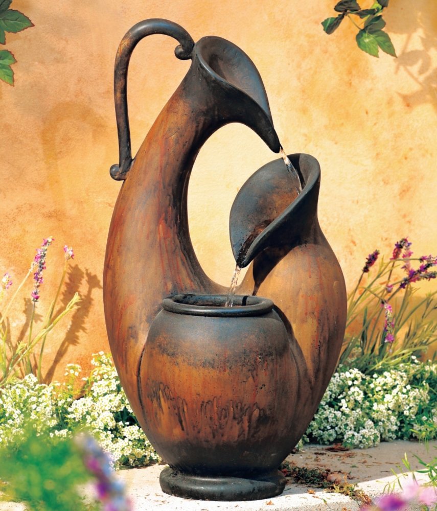 Mediterranean Jug Rustic Natural Cottage Zen Indoor Cascading Tabletop Water Fountain Weathered Aged Pottery 24" for Table Desk-Top Home Bedroom House Relaxation Living Room - John Timberland