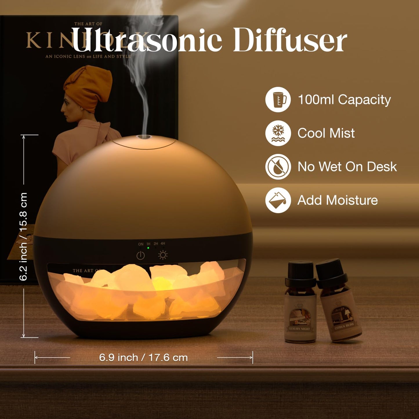 2-in-1 Ultrasonic Essential Oil Diffuser & Himalayan Salt Lamp, 100ml Aromatherapy Diffuser, Cool Mist Humidifier with Timer, 100% Pure Himalayan Salt, Auto Shut-Off, Ambient Glow (Gold)