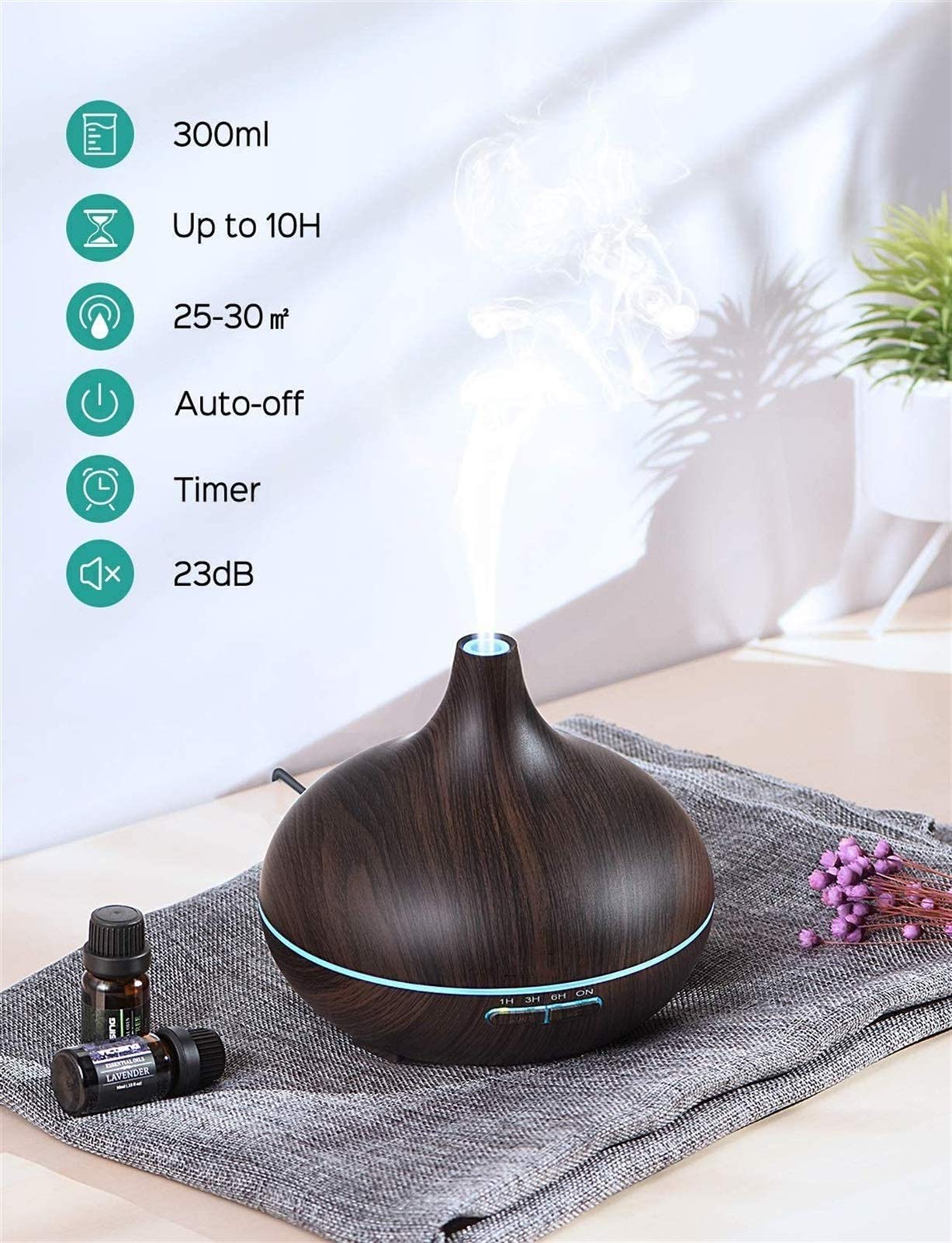CAFFIA Essential Oil Diffuser, 300ml Aromatherapy Diffuser, Aroma Cool Mist Humidifier Gift Set, 4 Timer Setting, BPA-Free, Waterless Auto-Off, 7 Color LED Lights, for Home, Bedroom