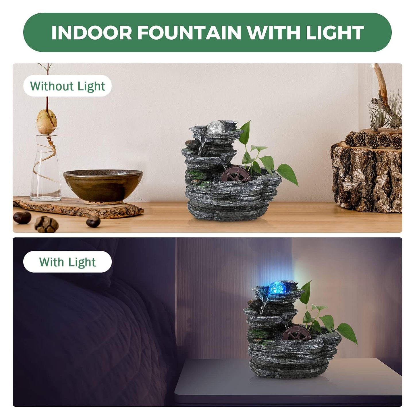 POWLAB Tabletop Water Fountain,Environmental Resin Meditation Fountain,Desktop Fountain with Waterwheel,Indoor Waterfall Feature with Crystal Ball and Light for Home Office Decor Relaxation 10X7X11in