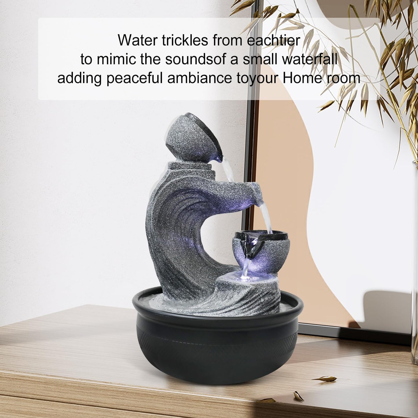 Agoodping 15.7-inch High 4-Tier Indoor Tabletop Water Fountain Polyresin Water Fountains - Resin Crafts - Elegant Design - Tabletop Ornament - Ideal for Desktop Home Office Living Room Gifts