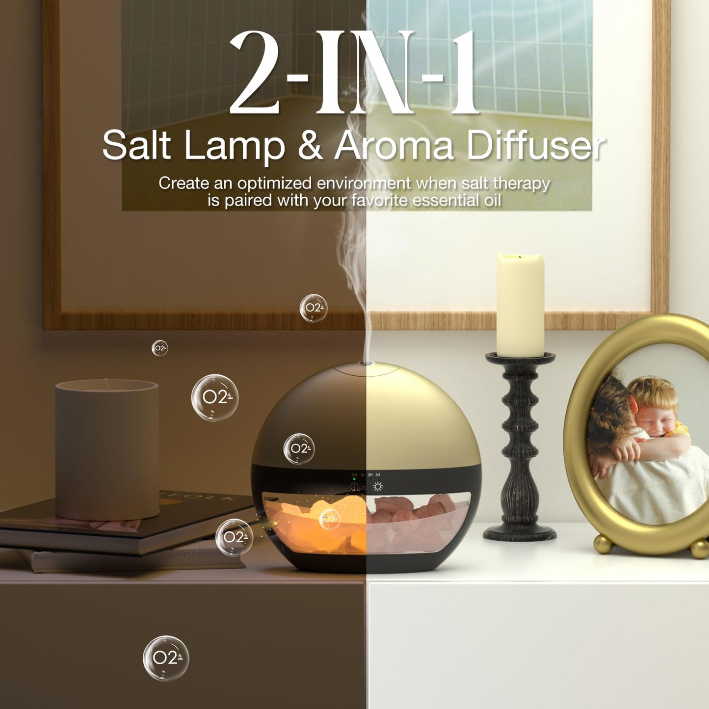 2-in-1 Ultrasonic Essential Oil Diffuser & Himalayan Salt Lamp, 100ml Aromatherapy Diffuser, Cool Mist Humidifier with Timer, 100% Pure Himalayan Salt, Auto Shut-Off, Ambient Glow (Gold)