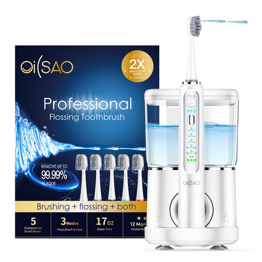 OILSAO Electric Toothbrush with Water Flosser,Professional Flossing Toothbrush 2-in-1 Combo Brushing & Flossing for Teeth Cleaning,with 5 Brush Heads,White
