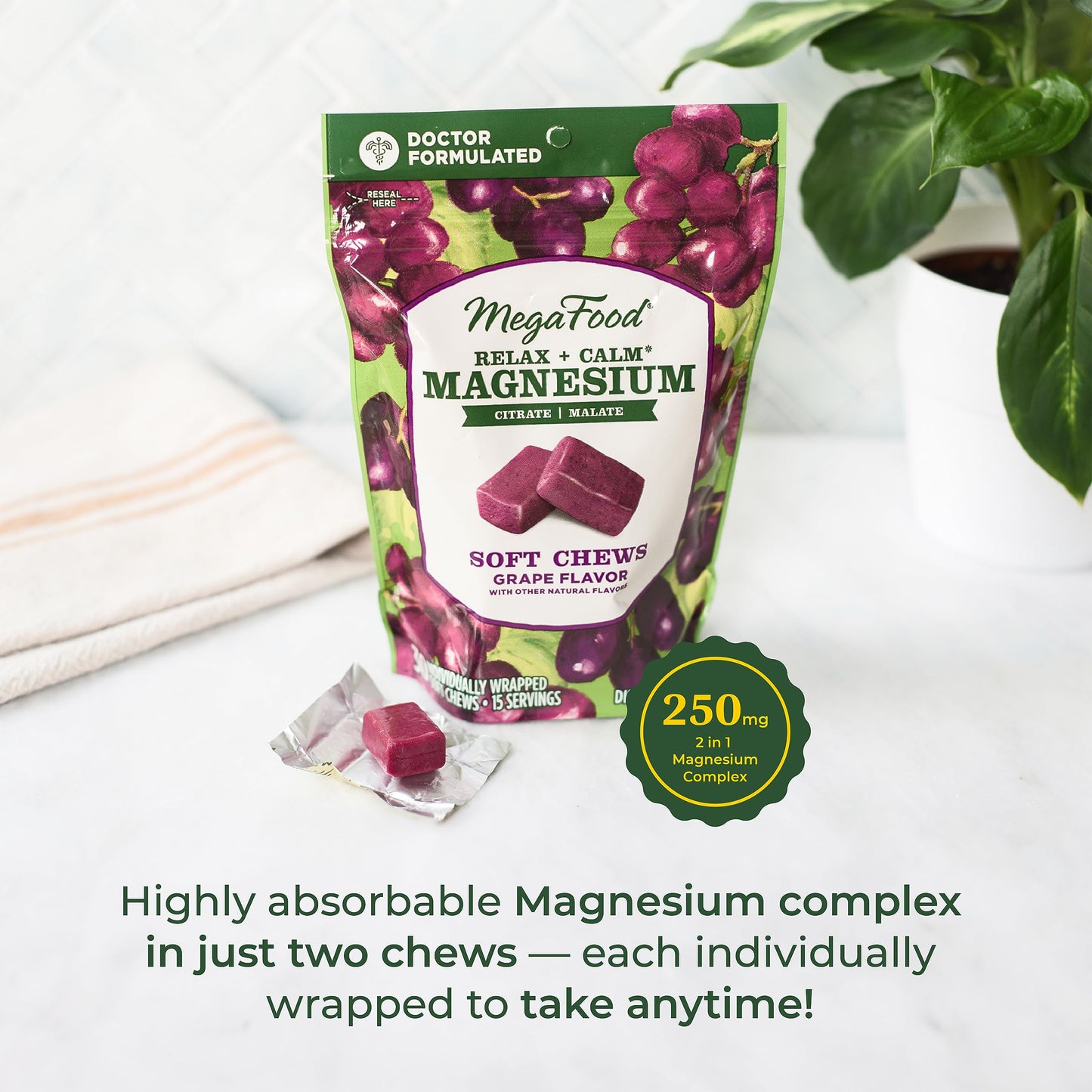 MegaFood Relax + Calm Magnesium Supplement - Soft Chews with Magnesium Citrate & Magnesium Malate for Heart Health, Muscle Tension & More - Vegetarian - Grape-Flavor - 30 Chews (15 Servings)
