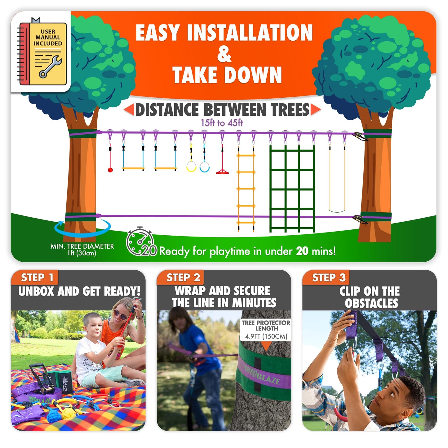 Ninja Warrior Obstacle Course for Kids - 2 x 55ft Slackline Double the Fun Exciting Obstacles Cargo Net Rope Ladder Monkey Bars Ninja Course for Kids