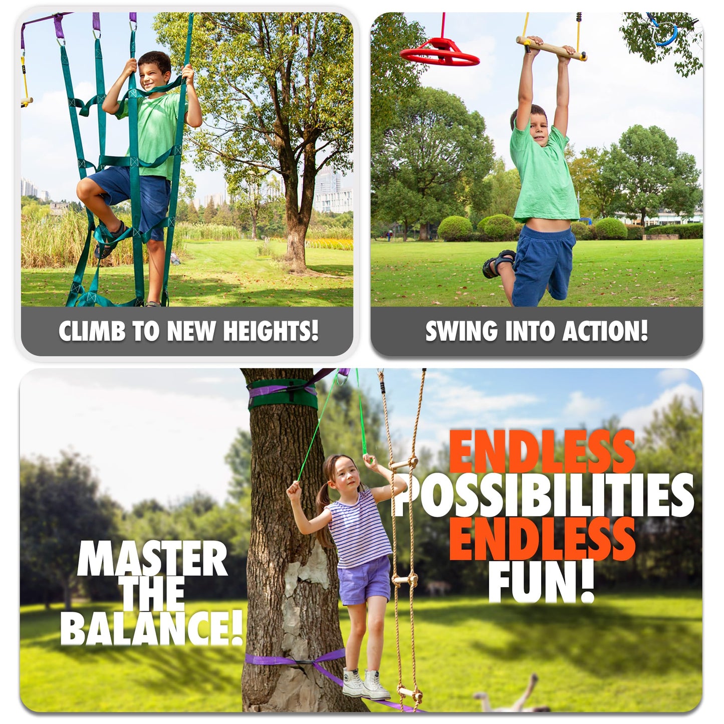 Ninja Warrior Obstacle Course for Kids - 2 x 55ft Slackline Double the Fun Exciting Obstacles Cargo Net Rope Ladder Monkey Bars Ninja Course for Kids