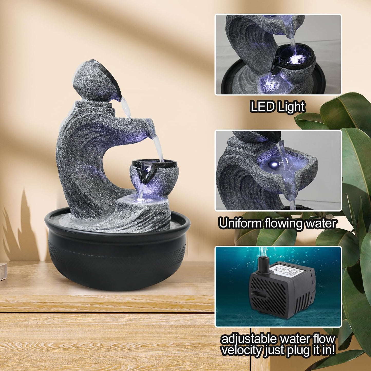 Agoodping 15.7-inch High 4-Tier Indoor Tabletop Water Fountain Polyresin Water Fountains - Resin Crafts - Elegant Design - Tabletop Ornament - Ideal for Desktop Home Office Living Room Gifts