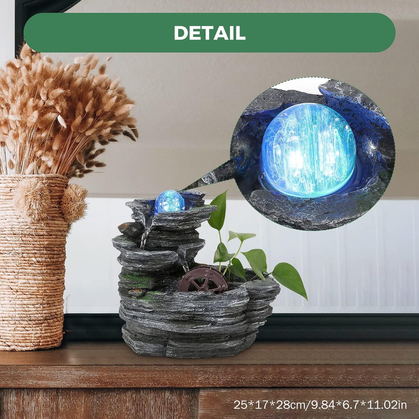 POWLAB Tabletop Water Fountain,Environmental Resin Meditation Fountain,Desktop Fountain with Waterwheel,Indoor Waterfall Feature with Crystal Ball and Light for Home Office Decor Relaxation 10X7X11in