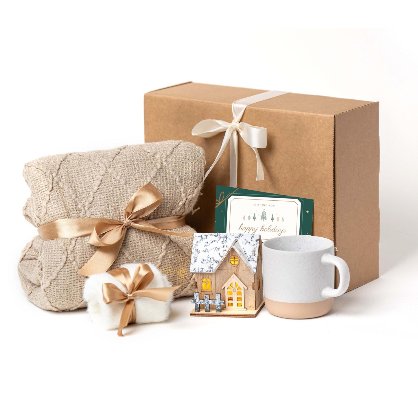 Happy Hygge Gifts Deluxe Hygge Holiday Gift Box - Cozy Knit Blanket, Lighted Wooden House, Pottery Ceramic Mug, and Fuzzy Socks | Thoughtful Comfort Christmas Gift Basket for Women - Friends, Sister,