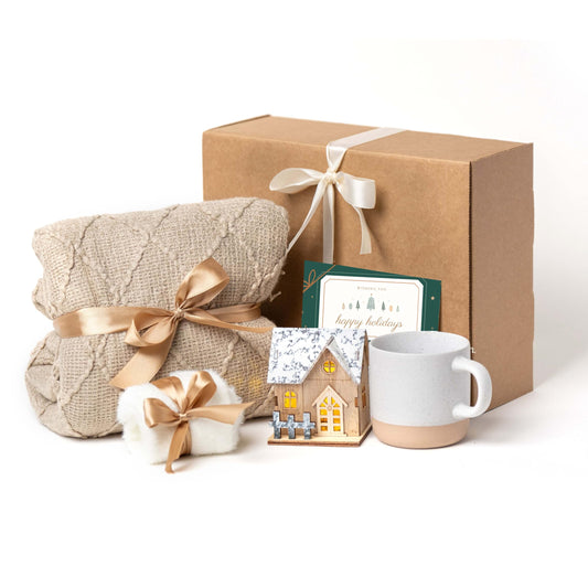 Happy Hygge Gifts Deluxe Hygge Holiday Gift Box - Cozy Knit Blanket, Lighted Wooden House, Pottery Ceramic Mug, and Fuzzy Socks | Thoughtful Comfort Christmas Gift Basket for Women - Friends, Sister,