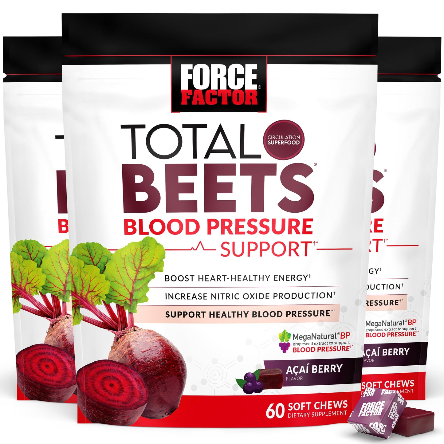 FORCE FACTOR Total Beets Blood Pressure Support Supplement, Beets Supplements with Beets Powder, Great-Tasting Beets Chewables for Heart-Healthy Energy, and Increased Nitric Oxide, 180 Chews, 3-Pack