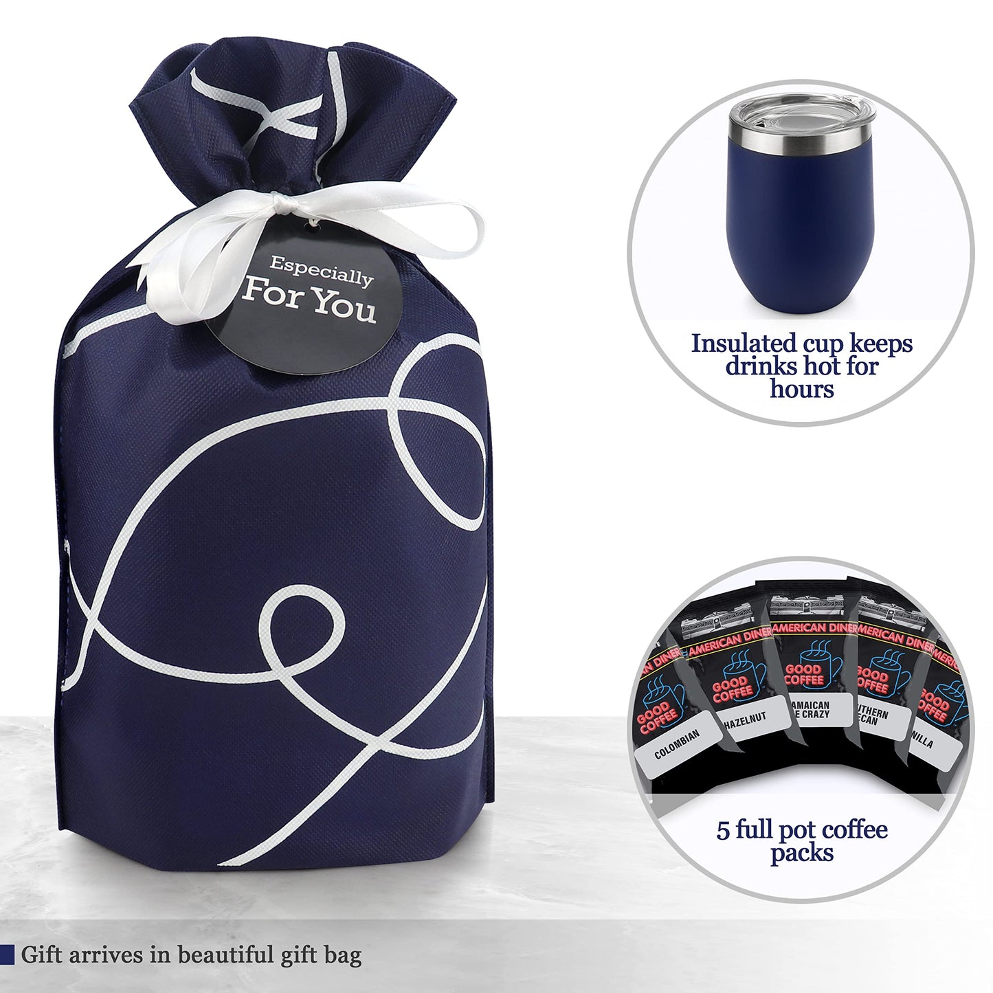 Coffee Gift Basket - Coffee Gifts Set Includes Double Insulated Coffee Cup and Full Pot Ground Coffee Sampler Gift Set of 5 Special Blend Coffees Presented in Beautiful Gift Bag(Coffee)