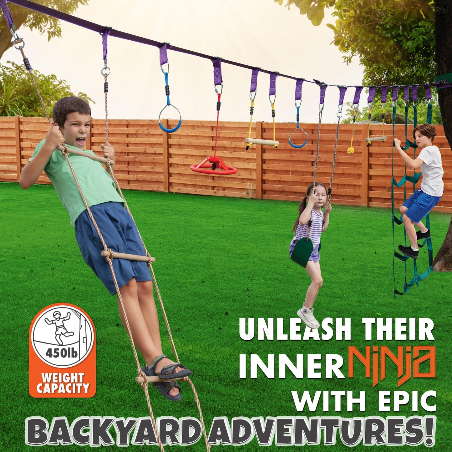 Ninja Warrior Obstacle Course for Kids - 2 x 55ft Slackline Double the Fun Exciting Obstacles Cargo Net Rope Ladder Monkey Bars Ninja Course for Kids