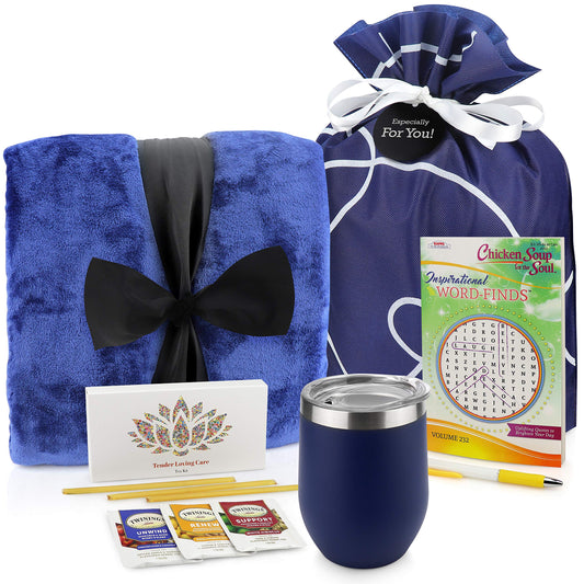 Get Well Gifts - Care Package Includes Luxury Blanket Wellness Tea with Honey Insulated Mug Word Find Book and Pen Get Well Soon Gifts for Women Get Well Gifts for Men in Beautiful Gift Bag(Blue Pen)