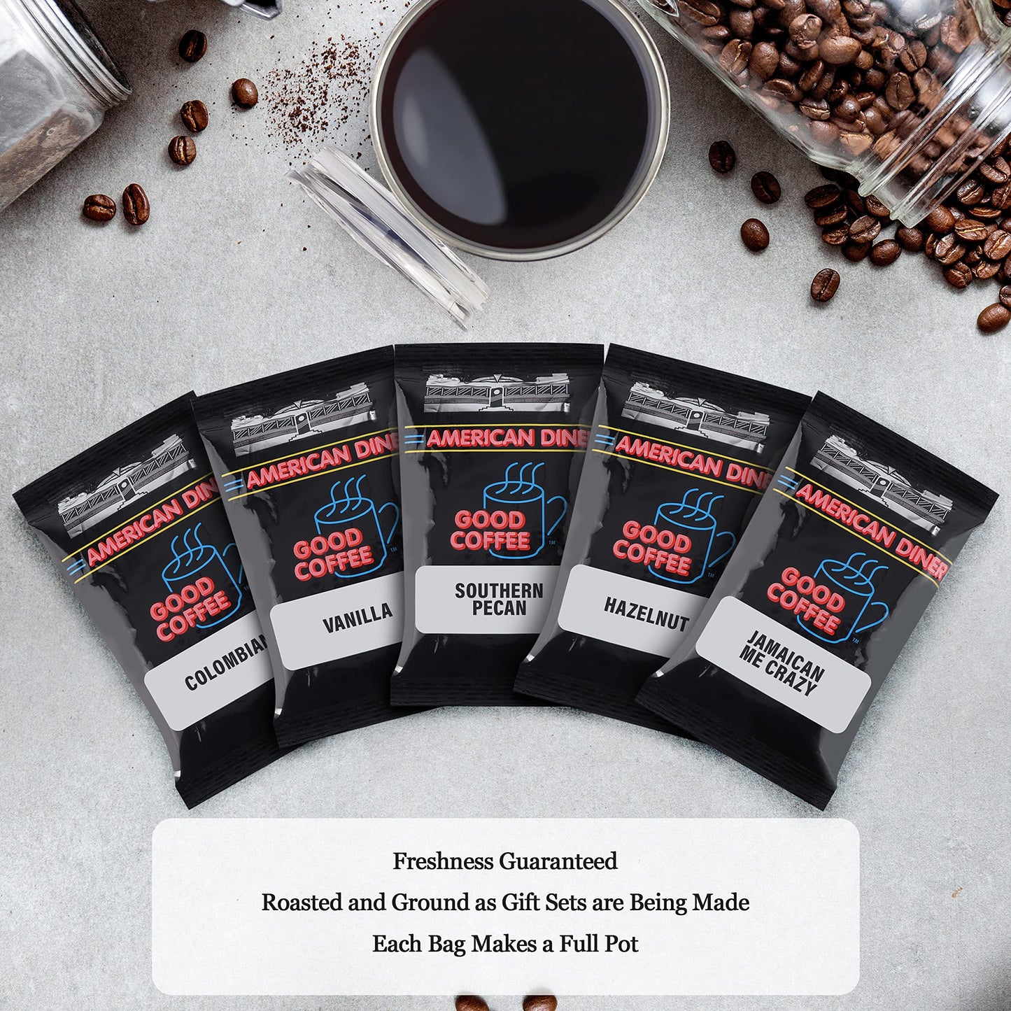 Coffee Gift Basket - Coffee Gifts Set Includes Double Insulated Coffee Cup and Full Pot Ground Coffee Sampler Gift Set of 5 Special Blend Coffees Presented in Beautiful Gift Bag(Coffee)